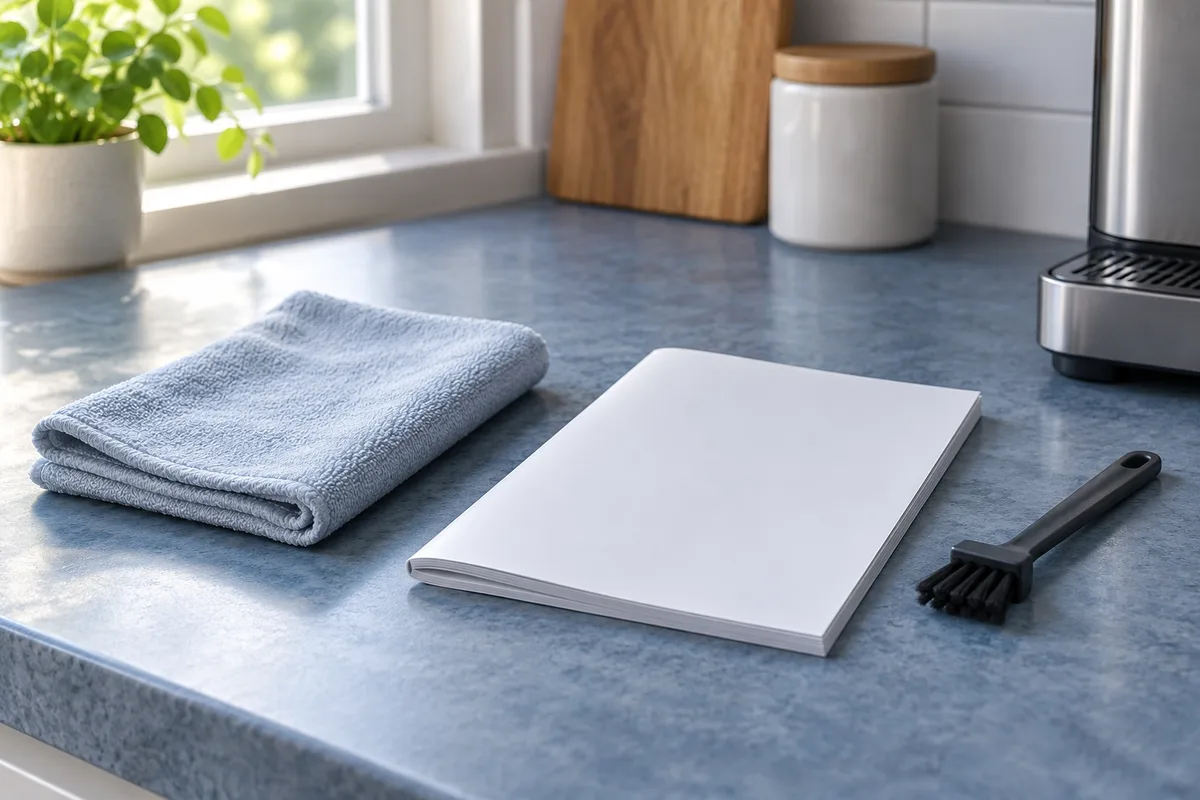 Panno e manuale chiuso su un piano di cucina