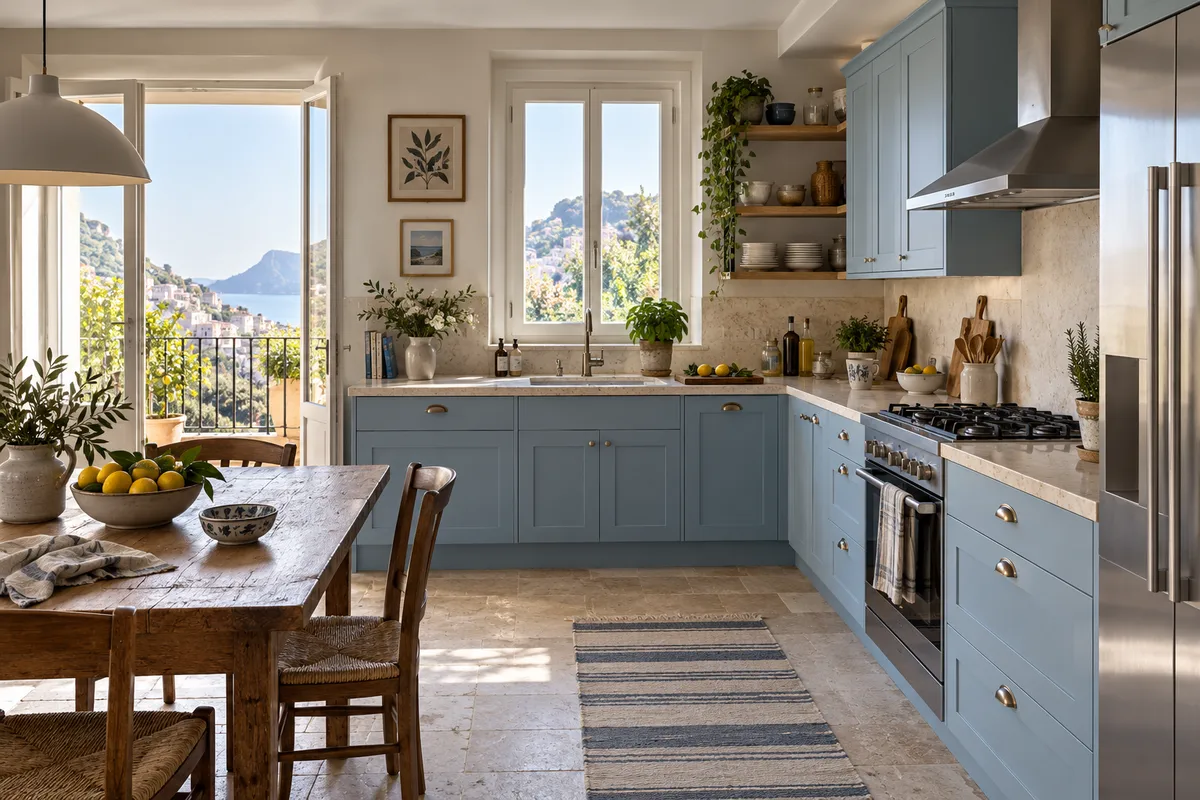Cucina luminosa con frigorifero e piano cottura